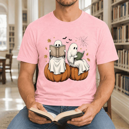 Small Ghosts Reading on Pumpkins Ultra-Soft Cotton T-Shirt | Gift Pink