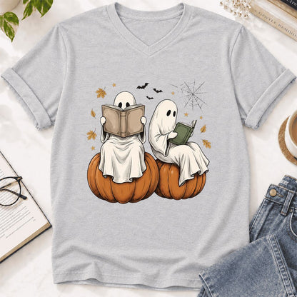 Small Ghosts Reading on Pumpkins Ultra-Soft V-Neck | Spooky Book Lover Gift Ash