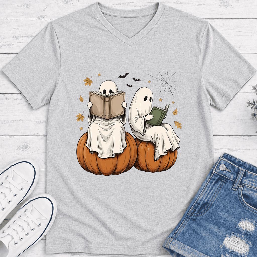 Small Ghosts Reading on Pumpkins Ultra-Soft V-Neck | Spooky Book Lover Gift Ash
