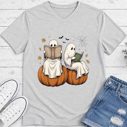 Small Ghosts Reading on Pumpkins Ultra-Soft V-Neck | Spooky Book Lover Gift Ash