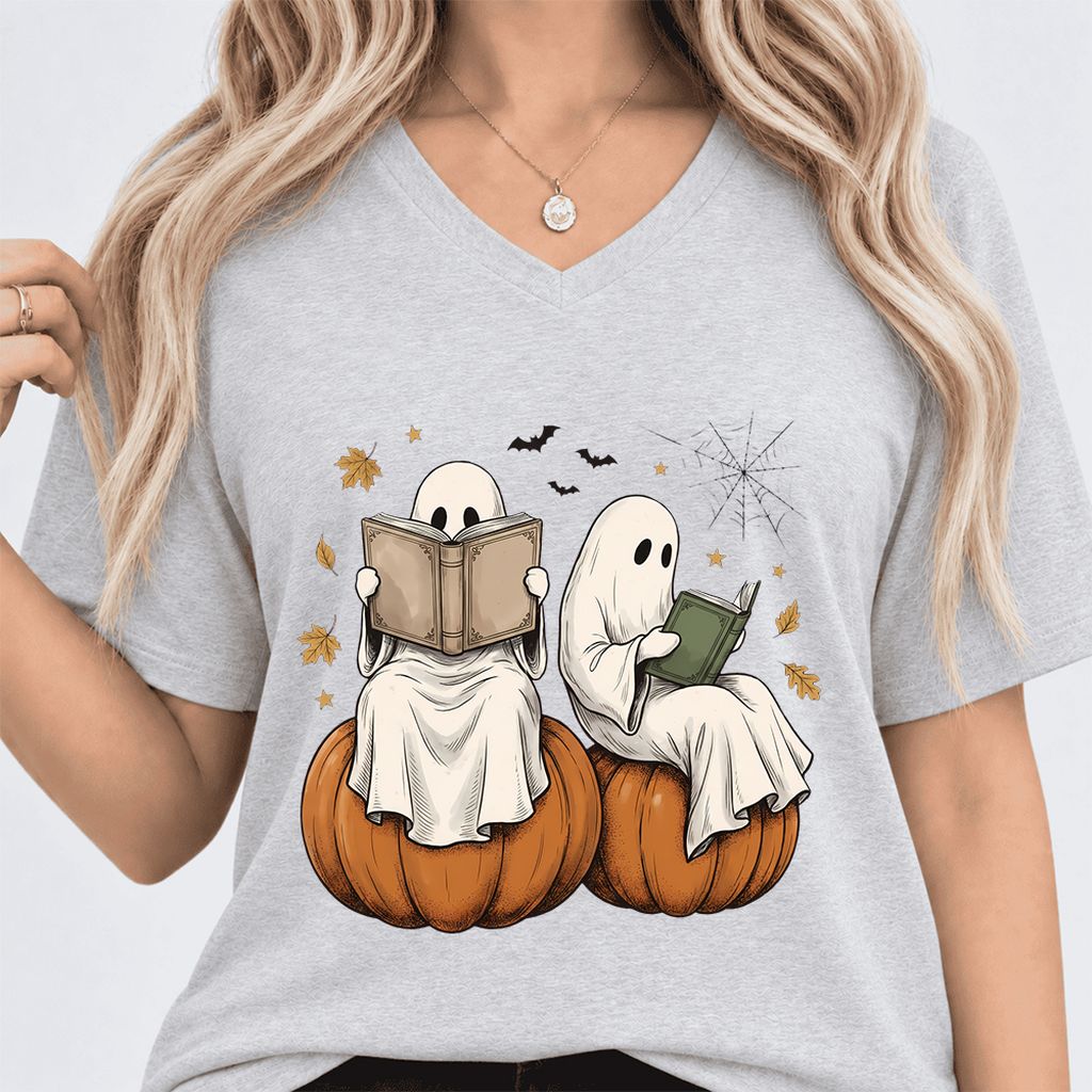 Small Ghosts Reading on Pumpkins Ultra-Soft V-Neck | Spooky Book Lover Gift Ash