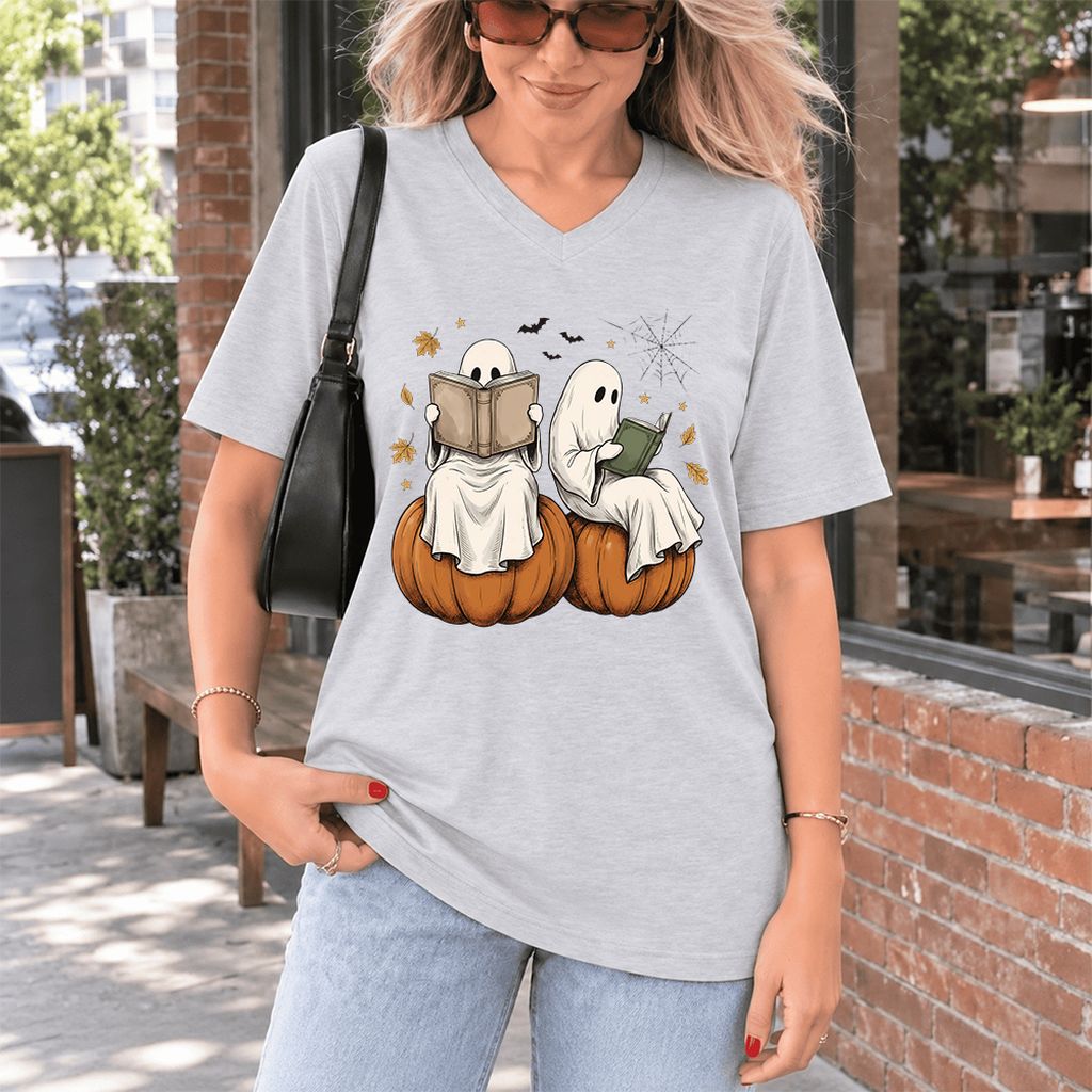 Small Ghosts Reading on Pumpkins Ultra-Soft V-Neck | Spooky Book Lover Gift Ash