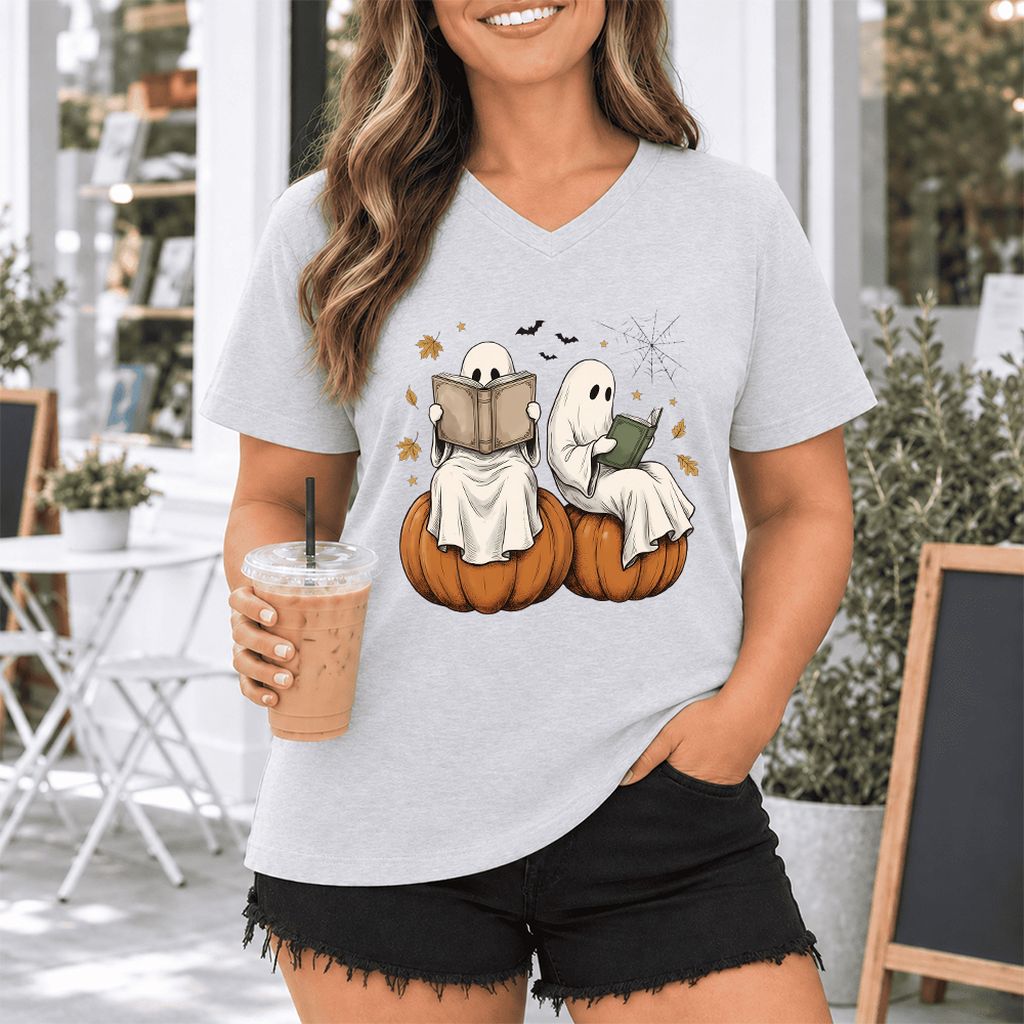 Small Ghosts Reading on Pumpkins Ultra-Soft V-Neck | Spooky Book Lover Gift Ash