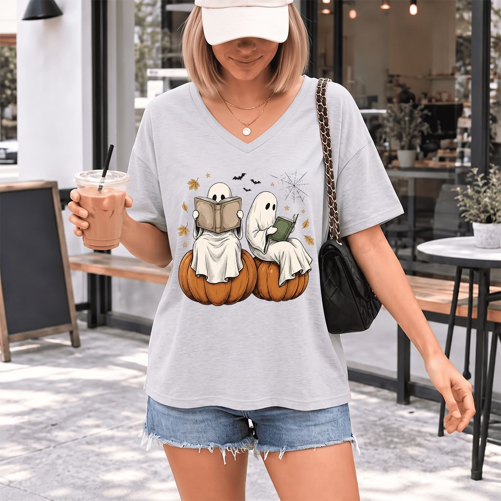Small Ghosts Reading on Pumpkins Ultra-Soft V-Neck | Spooky Book Lover Gift Ash