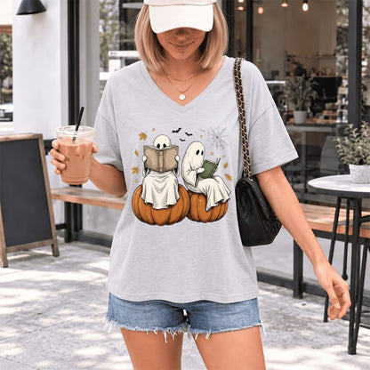 Small Ghosts Reading on Pumpkins Ultra-Soft V-Neck | Spooky Book Lover Gift Ash