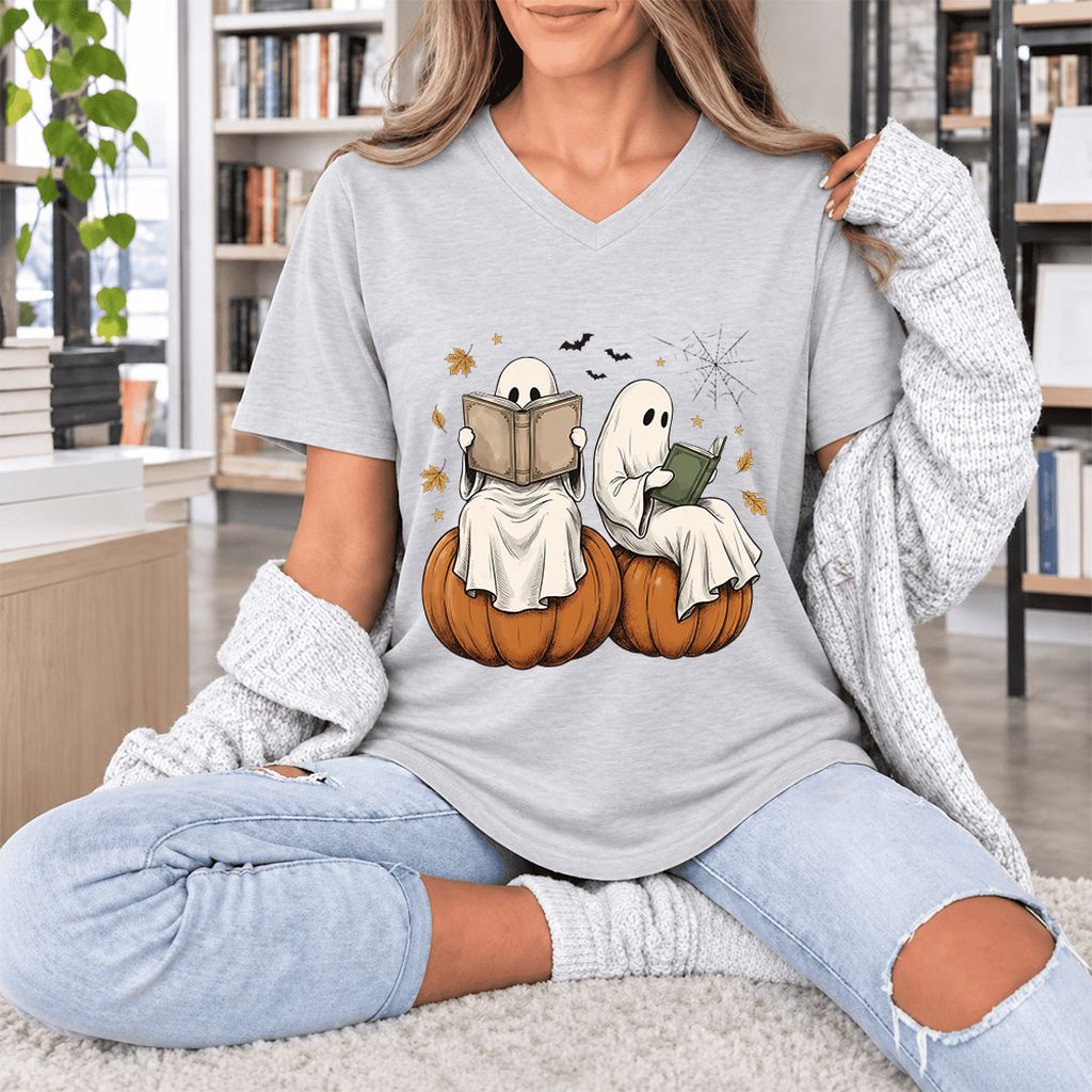 Small Ghosts Reading on Pumpkins Ultra-Soft V-Neck | Spooky Book Lover Gift Ash