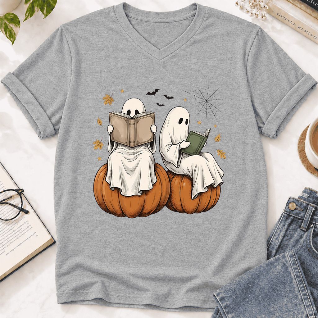 Small Ghosts Reading on Pumpkins Ultra-Soft V-Neck | Spooky Book Lover Gift Athletic Heather