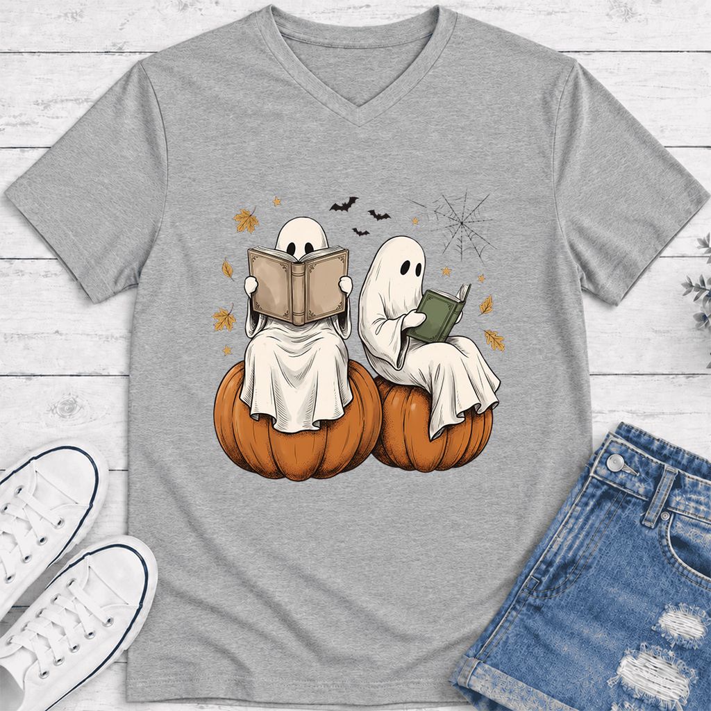 Small Ghosts Reading on Pumpkins Ultra-Soft V-Neck | Spooky Book Lover Gift Athletic Heather