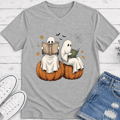 Small Ghosts Reading on Pumpkins Ultra-Soft V-Neck | Spooky Book Lover Gift Athletic Heather