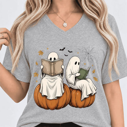 Small Ghosts Reading on Pumpkins Ultra-Soft V-Neck | Spooky Book Lover Gift Athletic Heather