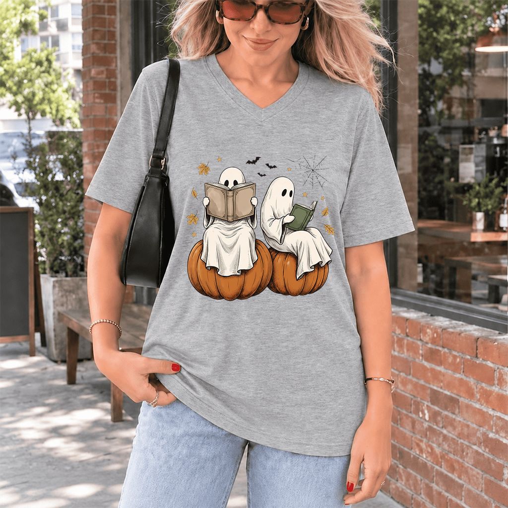 Small Ghosts Reading on Pumpkins Ultra-Soft V-Neck | Spooky Book Lover Gift Athletic Heather