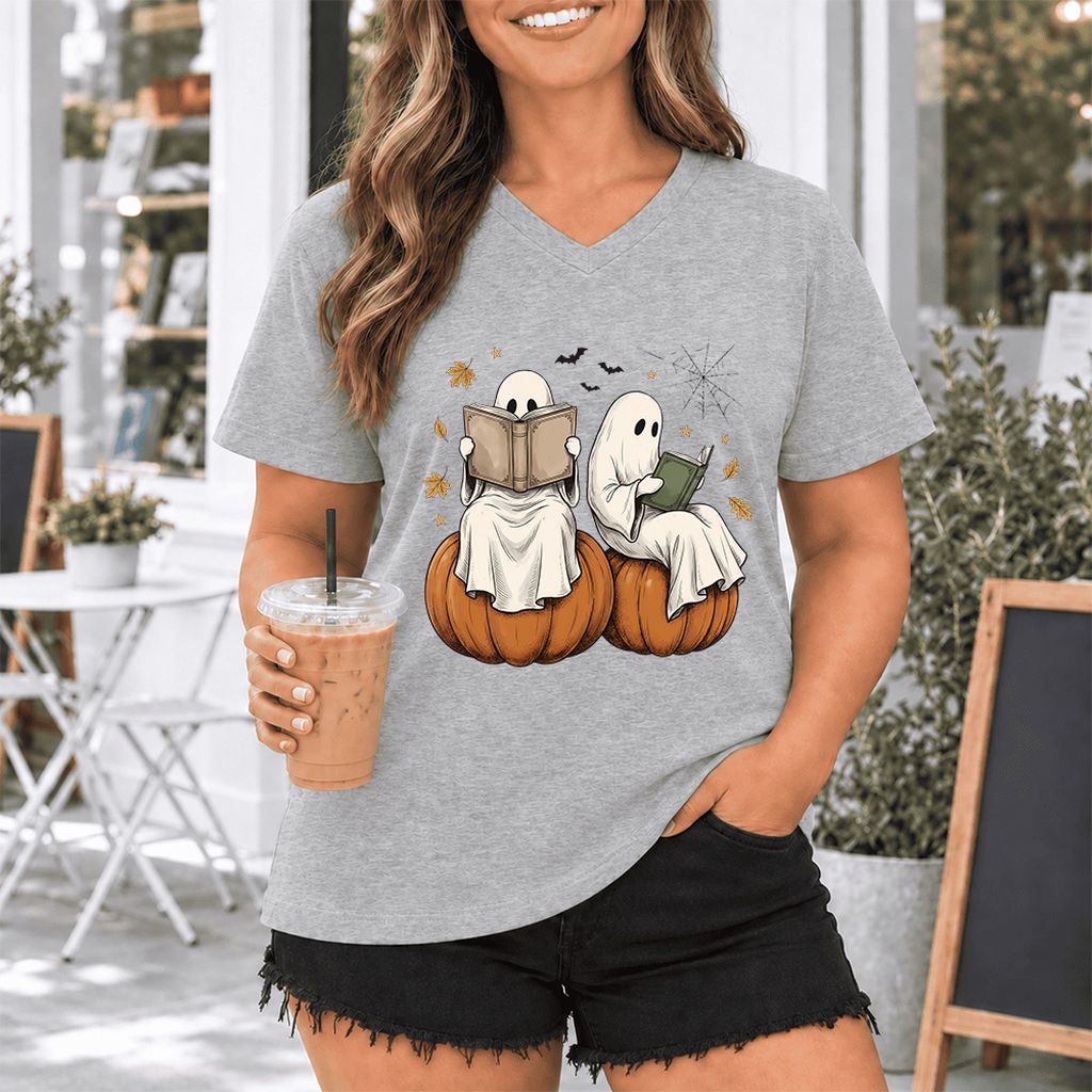 Small Ghosts Reading on Pumpkins Ultra-Soft V-Neck | Spooky Book Lover Gift Athletic Heather