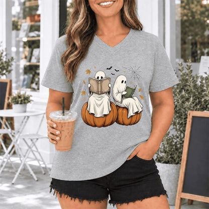 Small Ghosts Reading on Pumpkins Ultra-Soft V-Neck | Spooky Book Lover Gift Athletic Heather