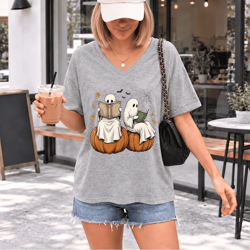 Small Ghosts Reading on Pumpkins Ultra-Soft V-Neck | Spooky Book Lover Gift Athletic Heather