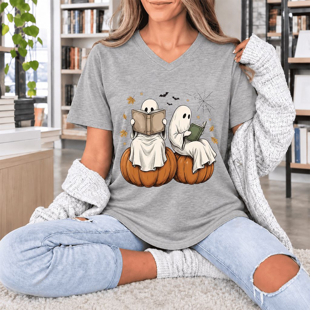 Small Ghosts Reading on Pumpkins Ultra-Soft V-Neck | Spooky Book Lover Gift Athletic Heather