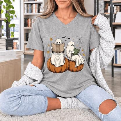 Small Ghosts Reading on Pumpkins Ultra-Soft V-Neck | Spooky Book Lover Gift Athletic Heather