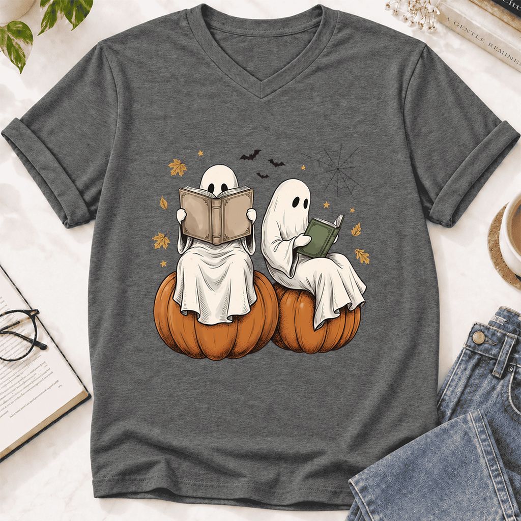 Small Ghosts Reading on Pumpkins Ultra-Soft V-Neck | Spooky Book Lover Gift Deep Heather