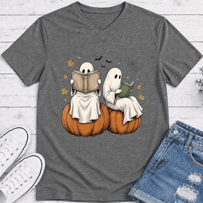 Small Ghosts Reading on Pumpkins Ultra-Soft V-Neck | Spooky Book Lover Gift Deep Heather