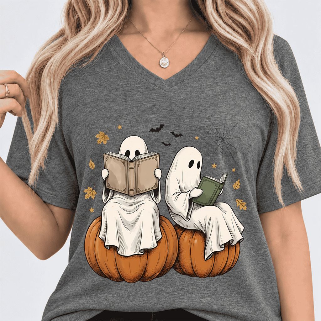 Small Ghosts Reading on Pumpkins Ultra-Soft V-Neck | Spooky Book Lover Gift Deep Heather