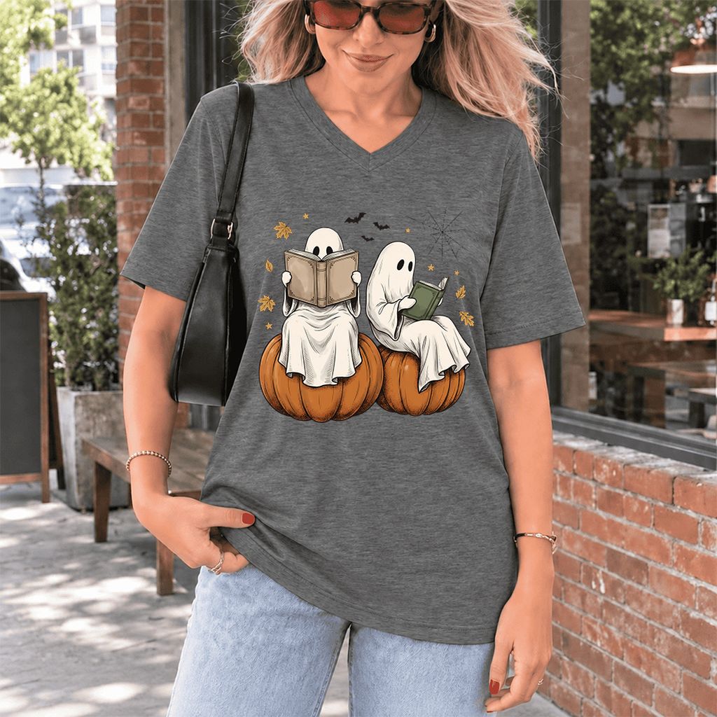 Small Ghosts Reading on Pumpkins Ultra-Soft V-Neck | Spooky Book Lover Gift Deep Heather