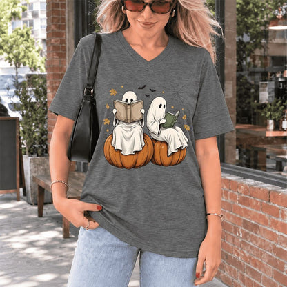 Small Ghosts Reading on Pumpkins Ultra-Soft V-Neck | Spooky Book Lover Gift Deep Heather