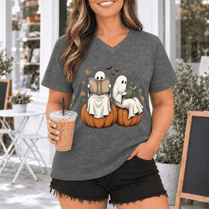 Small Ghosts Reading on Pumpkins Ultra-Soft V-Neck | Spooky Book Lover Gift Deep Heather