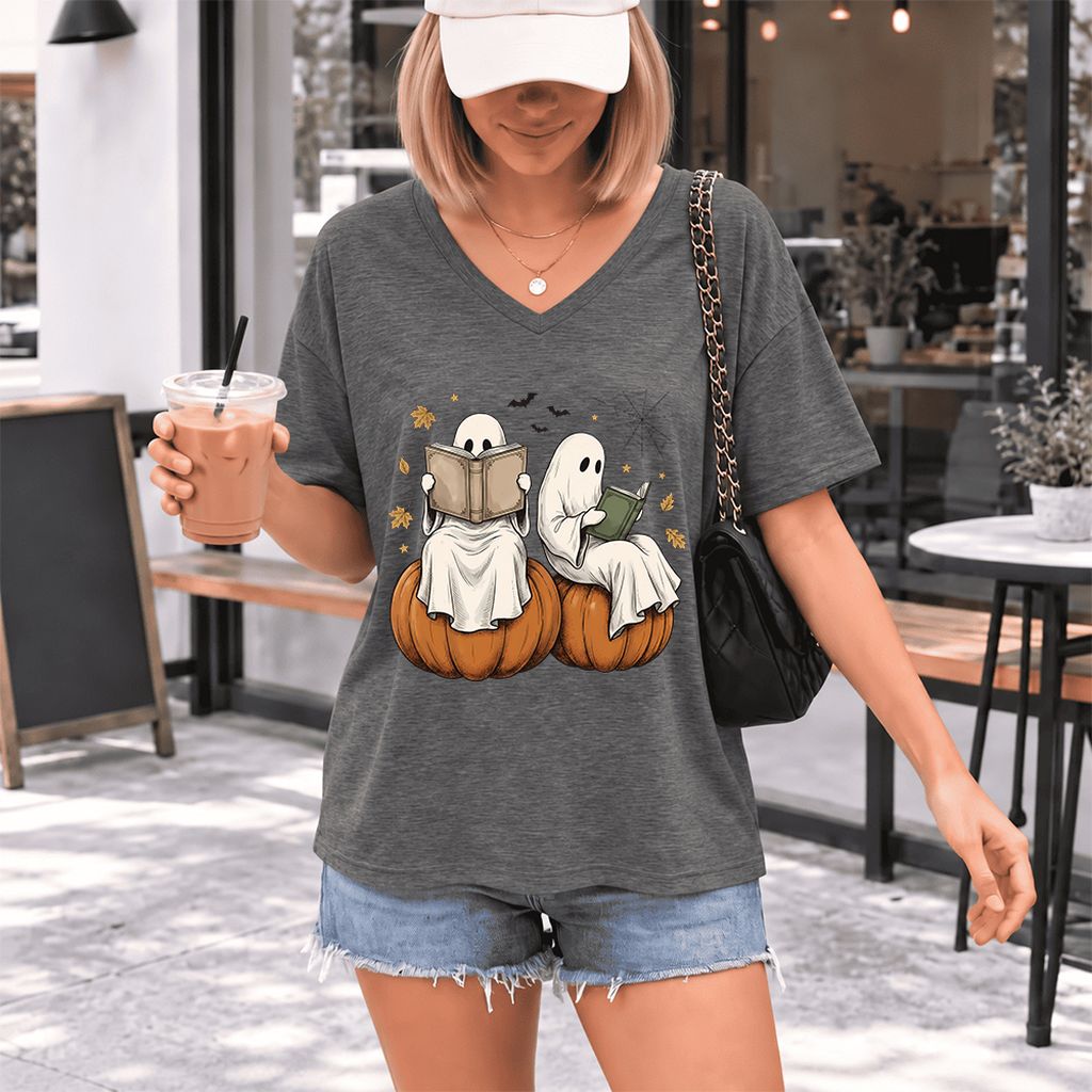 Small Ghosts Reading on Pumpkins Ultra-Soft V-Neck | Spooky Book Lover Gift Deep Heather