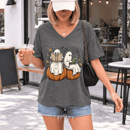 Small Ghosts Reading on Pumpkins Ultra-Soft V-Neck | Spooky Book Lover Gift Deep Heather
