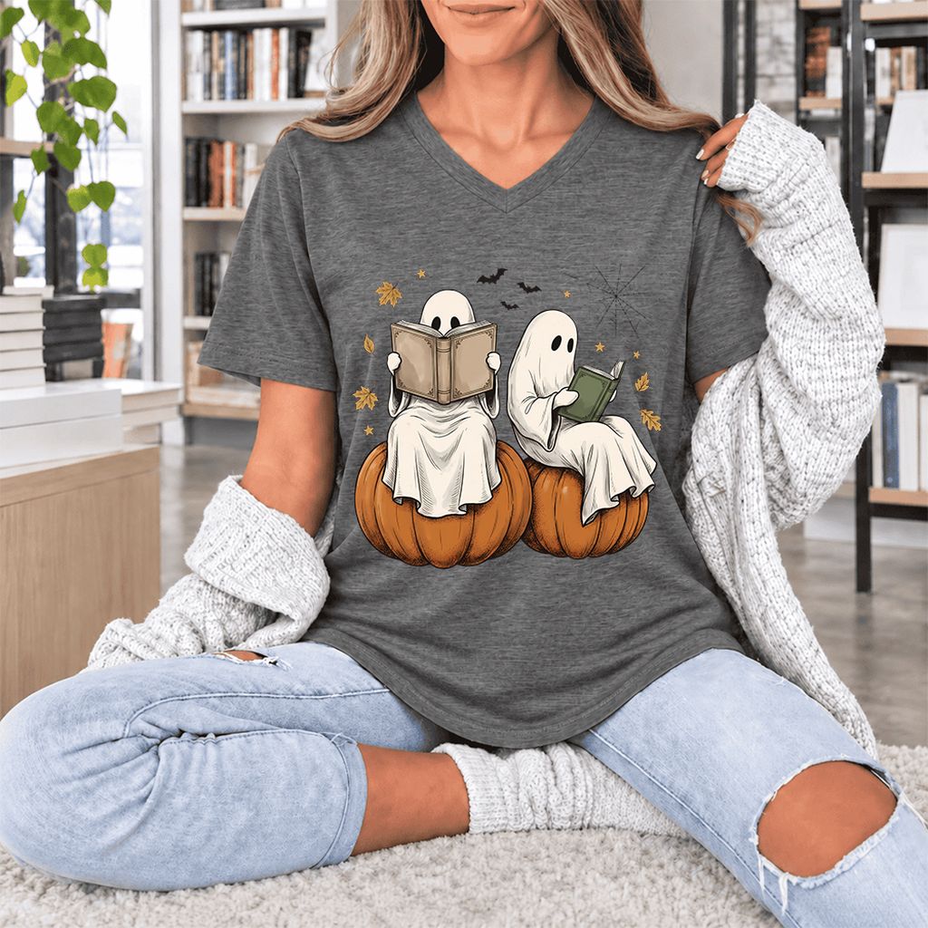 Small Ghosts Reading on Pumpkins Ultra-Soft V-Neck | Spooky Book Lover Gift Deep Heather
