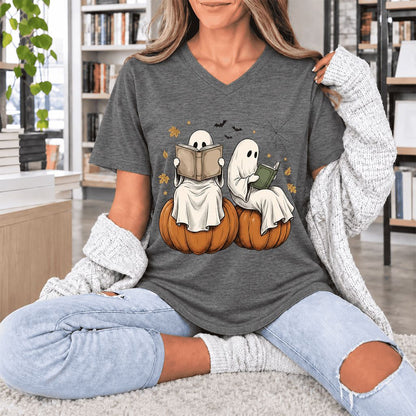 Small Ghosts Reading on Pumpkins Ultra-Soft V-Neck | Spooky Book Lover Gift Deep Heather