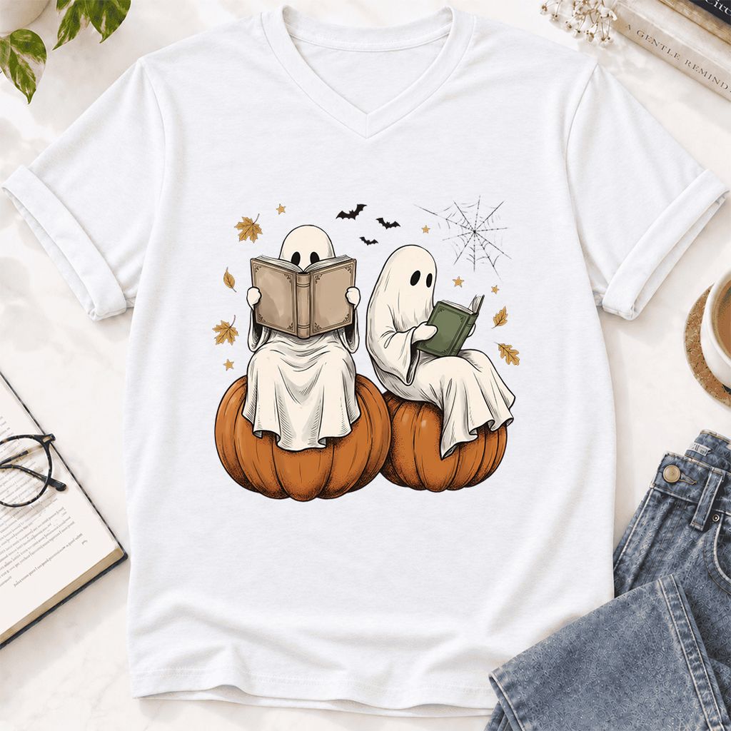Small Ghosts Reading on Pumpkins Ultra-Soft V-Neck | Spooky Book Lover Gift White
