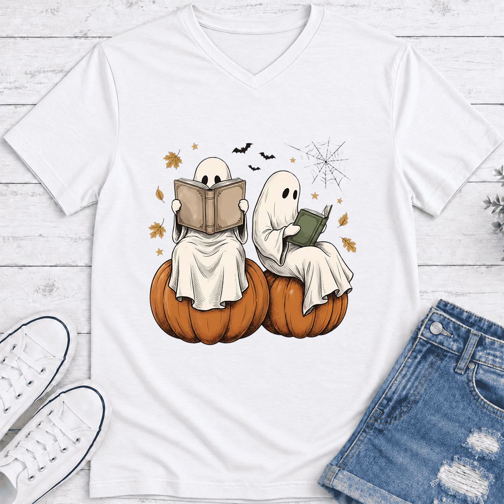 Small Ghosts Reading on Pumpkins Ultra-Soft V-Neck | Spooky Book Lover Gift White