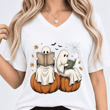 Small Ghosts Reading on Pumpkins Ultra-Soft V-Neck | Spooky Book Lover Gift White