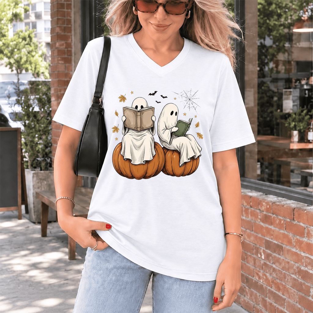 Small Ghosts Reading on Pumpkins Ultra-Soft V-Neck | Spooky Book Lover Gift White