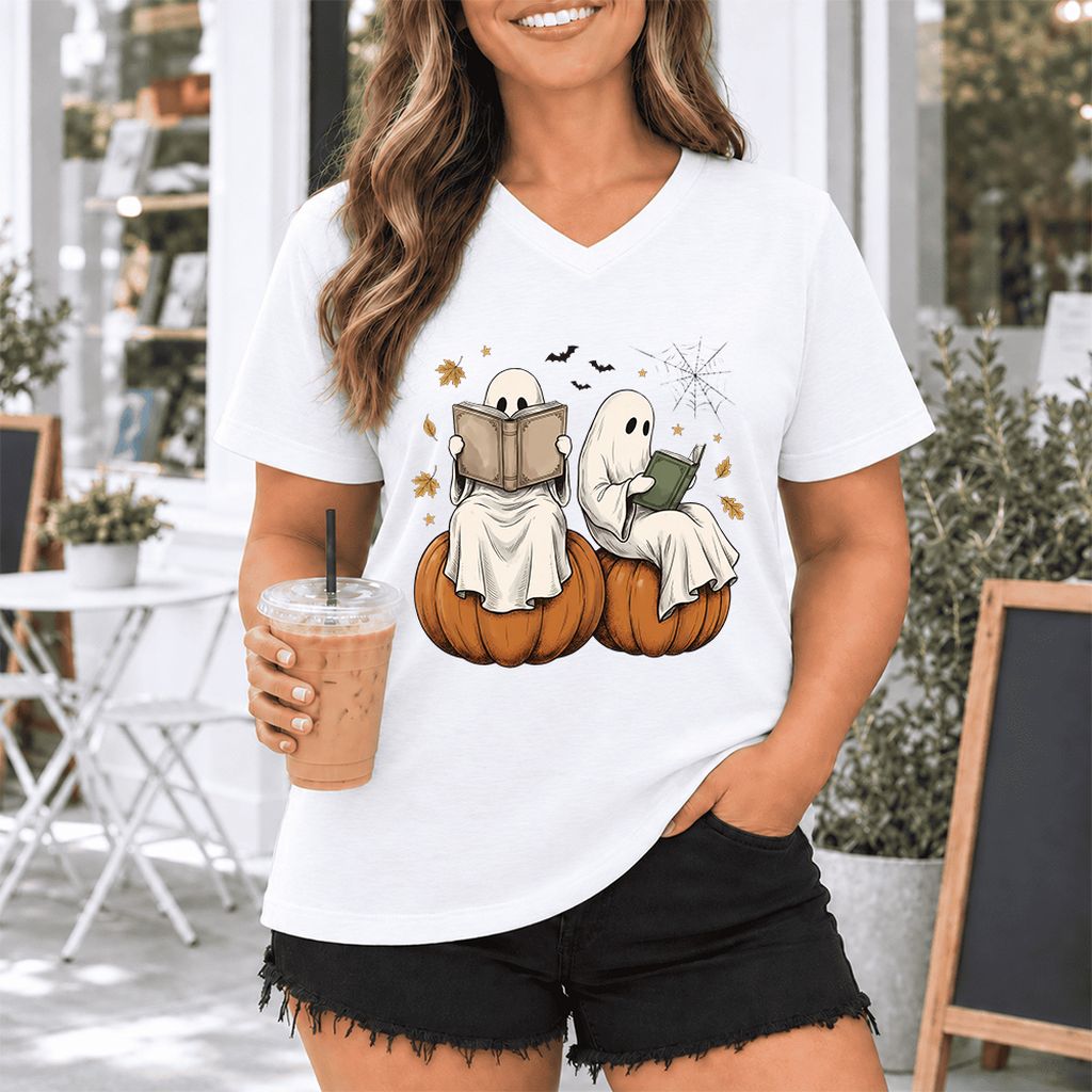 Small Ghosts Reading on Pumpkins Ultra-Soft V-Neck | Spooky Book Lover Gift White