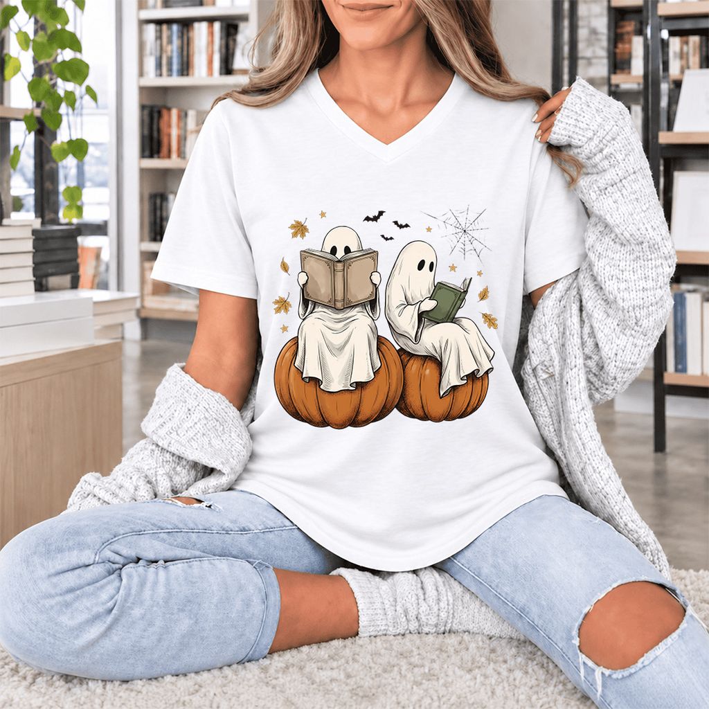 Small Ghosts Reading on Pumpkins Ultra-Soft V-Neck | Spooky Book Lover Gift White
