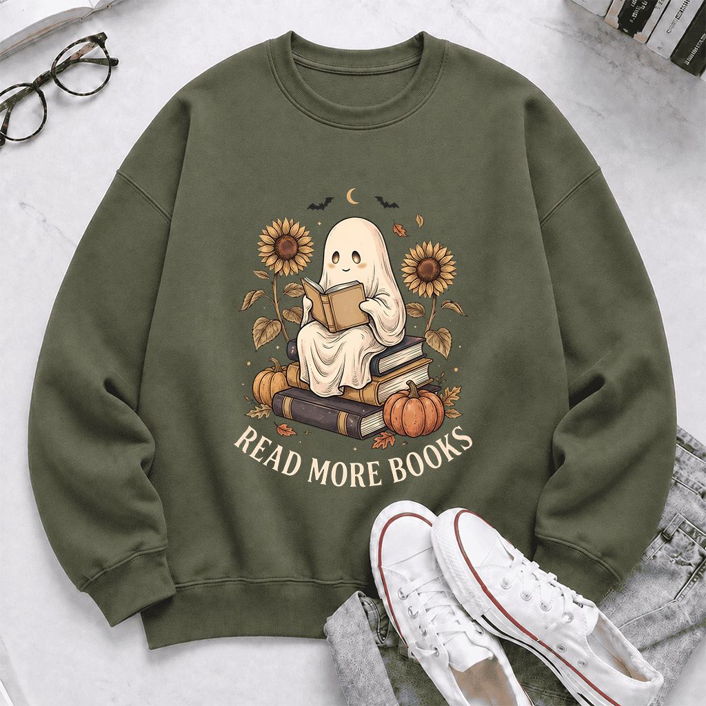 Read More Books Printed Sweatshirt | Cozy Book Lover Gift Military Green
