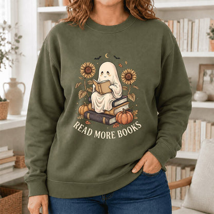 Read More Books Printed Sweatshirt | Cozy Book Lover Gift Military Green