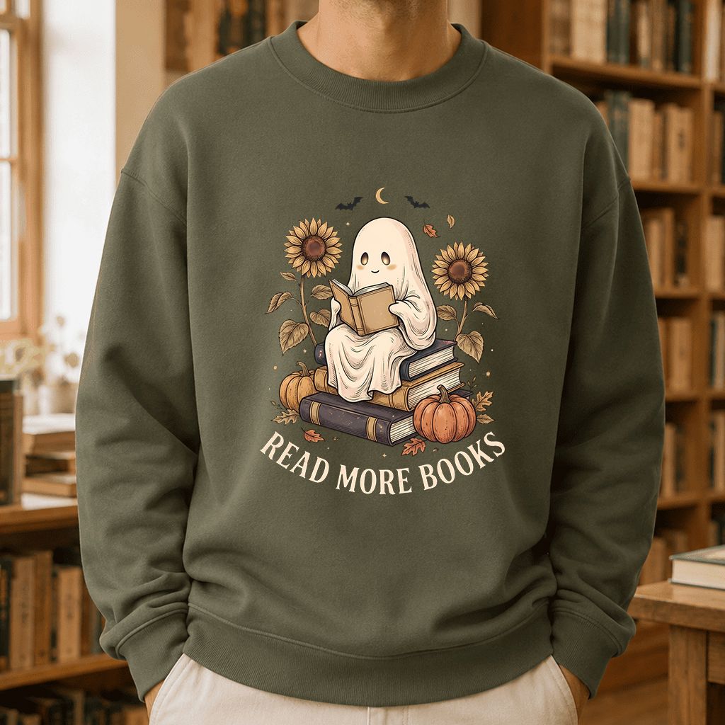 Read More Books Printed Sweatshirt | Cozy Book Lover Gift Military Green