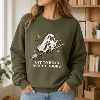 Off To Read More Booooks Printed Sweatshirt | Cozy Book Lover Gift Military Green