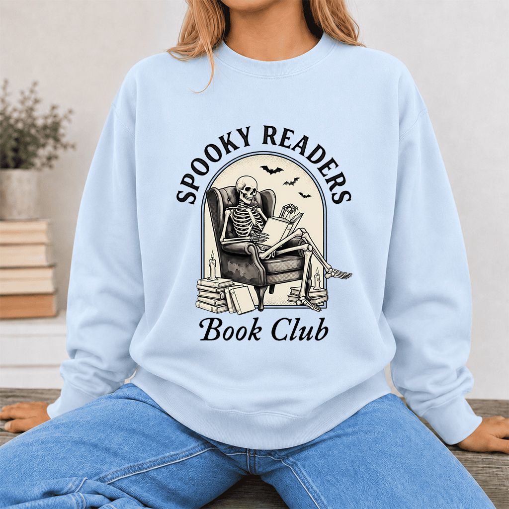 Spooky Readers Book Club Printed Sweatshirt | Halloween Book Lover Gift Light Blue