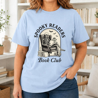Spooky Readers Book Club Printed T-Shirt | Halloween Book Lover Gift Light Blue