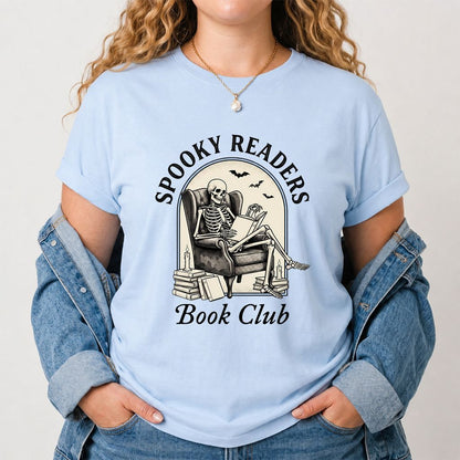 Spooky Readers Book Club Printed T-Shirt | Halloween Book Lover Gift Light Blue