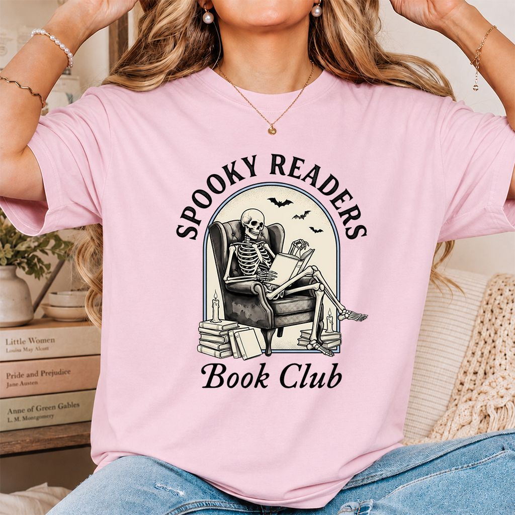 Spooky Readers Book Club Printed T-Shirt | Halloween Book Lover Gift Light Pink