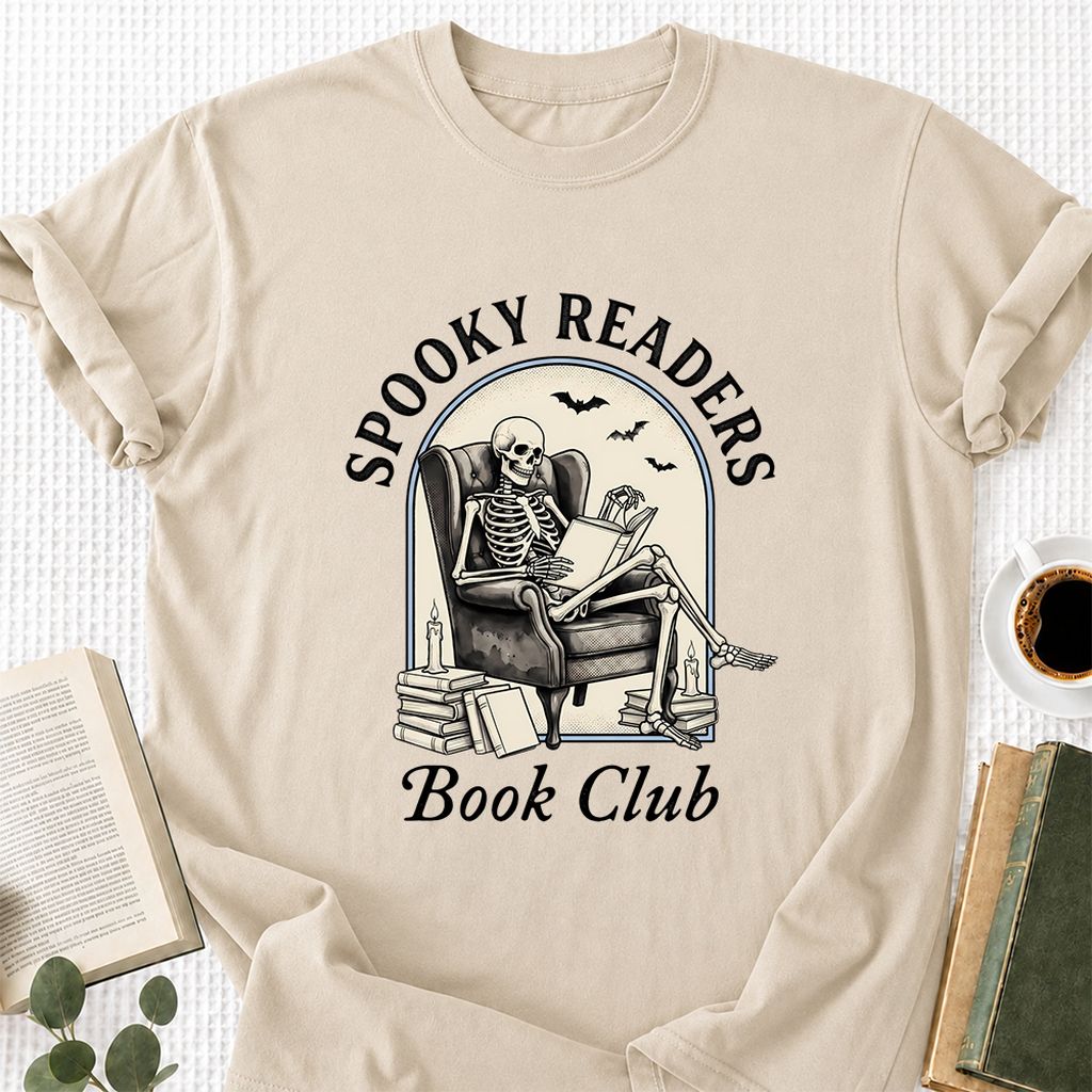 Spooky Readers Book Club Printed T-Shirt | Halloween Book Lover Gift Sand