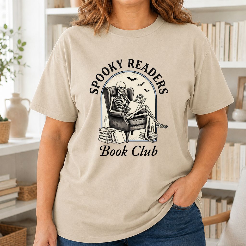 Spooky Readers Book Club Printed T-Shirt | Halloween Book Lover Gift Sand