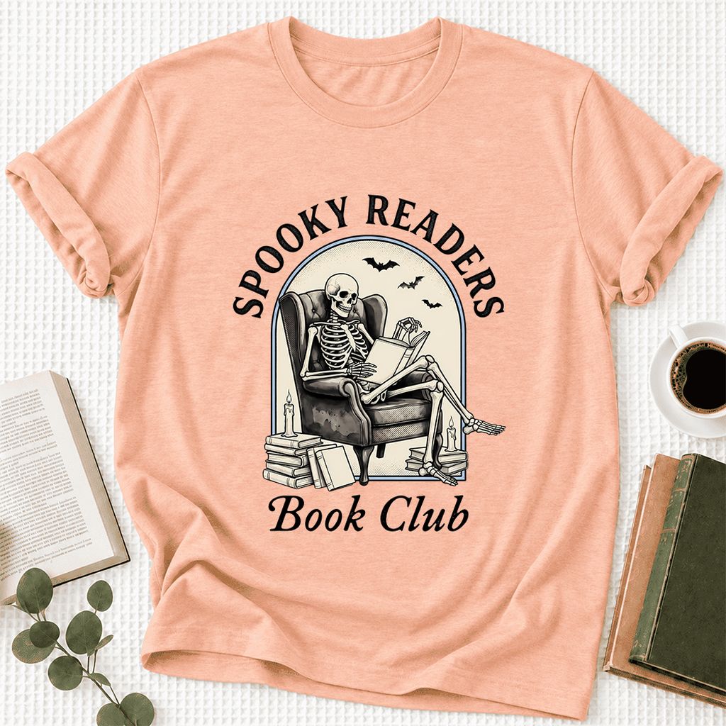Spooky Readers Book Club Ultra-Soft Cotton T-Shirt | Halloween Book Lover Gift Heather Peach