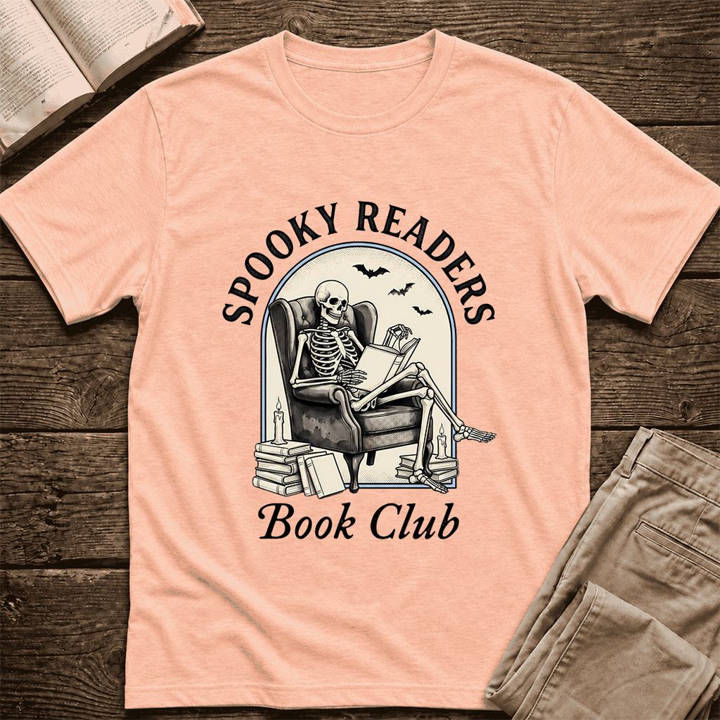 Spooky Readers Book Club Ultra-Soft Cotton T-Shirt | Halloween Book Lover Gift Heather Peach