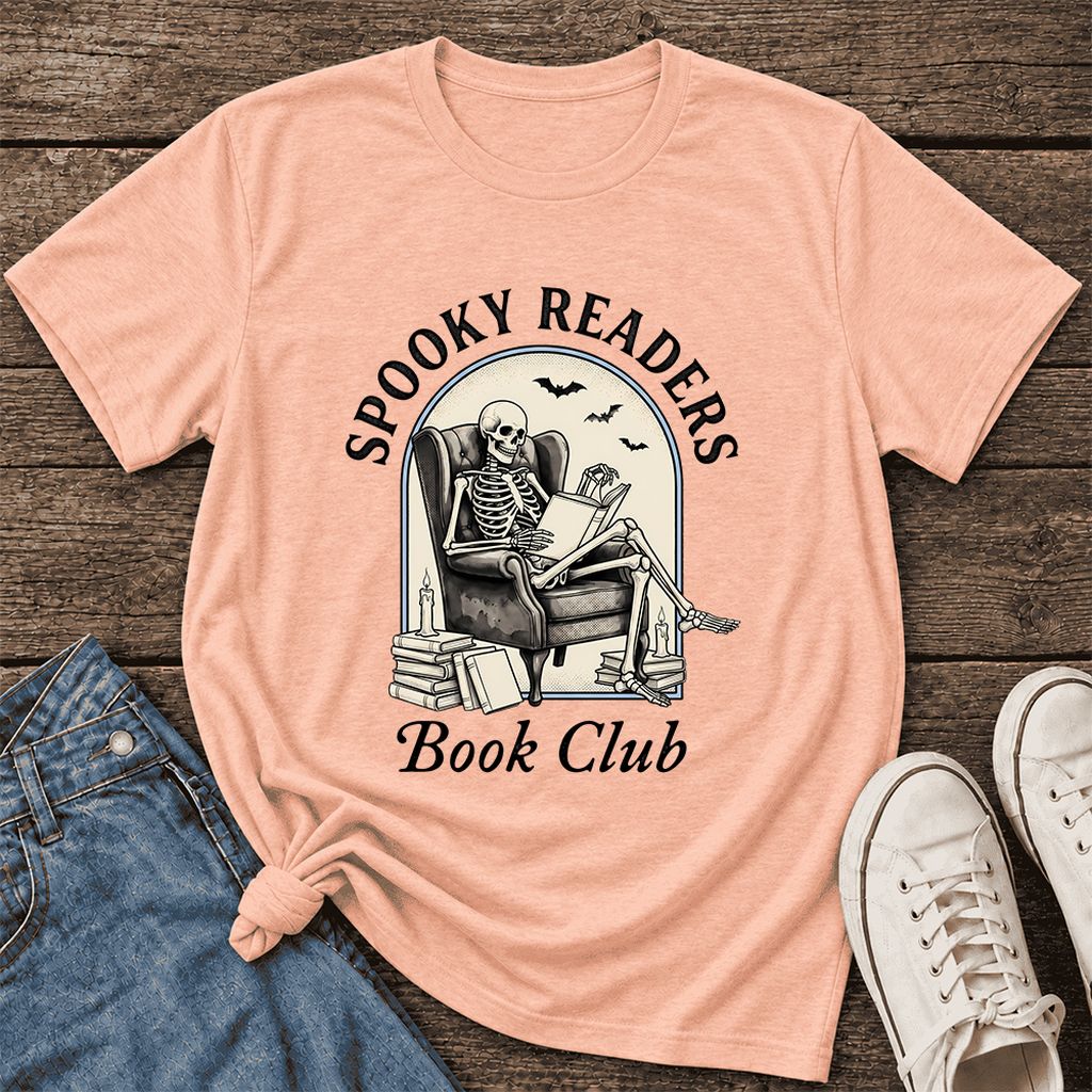Spooky Readers Book Club Ultra-Soft Cotton T-Shirt | Halloween Book Lover Gift Heather Peach
