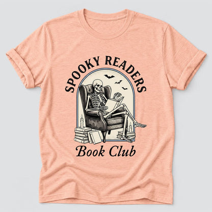 Spooky Readers Book Club Ultra-Soft Cotton T-Shirt | Halloween Book Lover Gift Heather Peach
